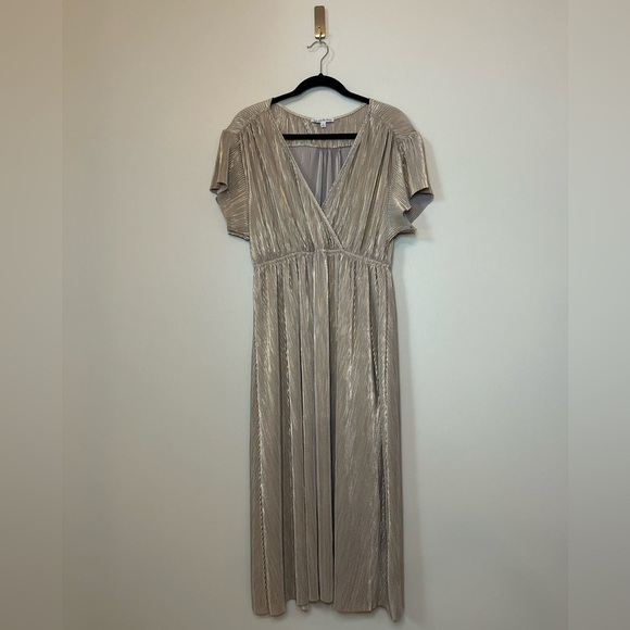 See And Be Seen Gold Micro Pleat Faux Wrap Maxi Dress - Picture 4 of 12